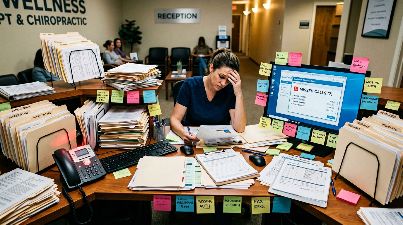 Overwhelmed clinic front desk with missed calls and paperwork