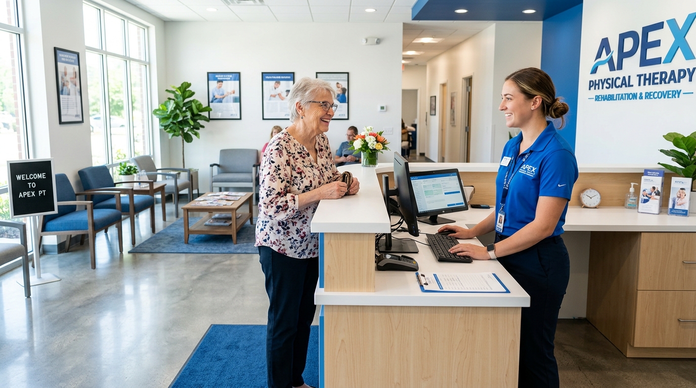 Physical therapy clinic with happy staff and patients